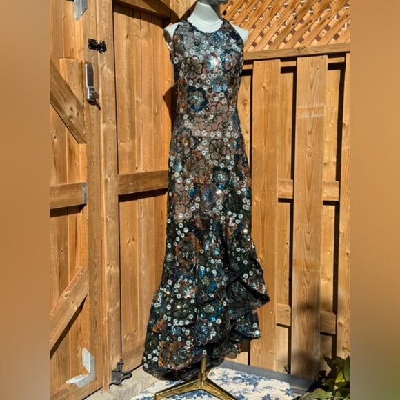 🆕 BRONX & BANCO🧿 NWOT Sicilia Blue Sequin Fluted Hem Maxi Dress Sz M US 6 - Picture 6 of 16